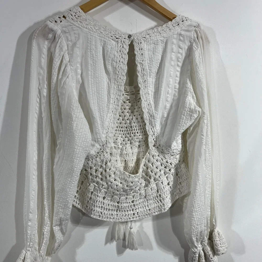 Free People Boho Festival Crochet Babydoll Open Knit Crop Top Medium Renfair